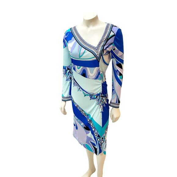Emilio Pucci Printed Jersey Silk Knee Length Dress Blue Purple Sz 12 - Picture 6 of 13